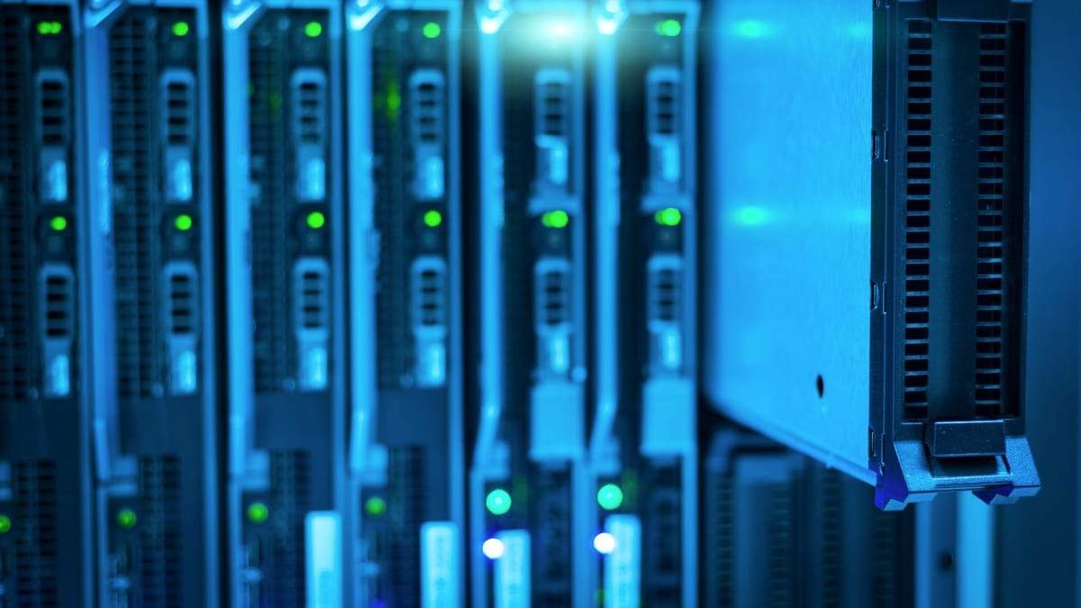 Detailed view of a server rack with a focus on technology and data storage.