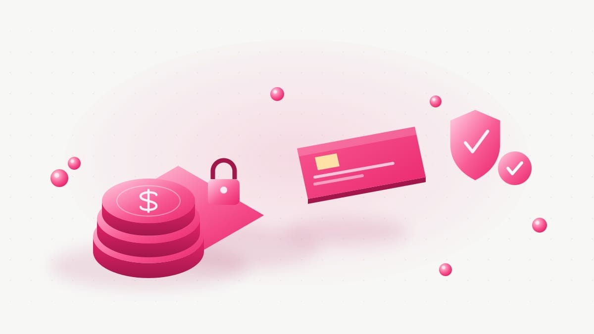 Isometric illustration in Heduno pink: a stack of coins behind a padlock, a payment card, and a shield with a check mark.